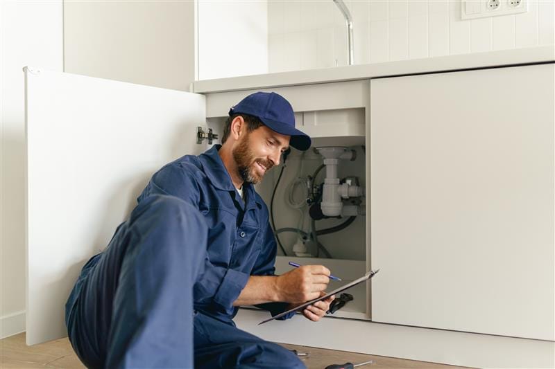 Residential plumber reviewing plumbing repairs in a Punta Gorda kitchen