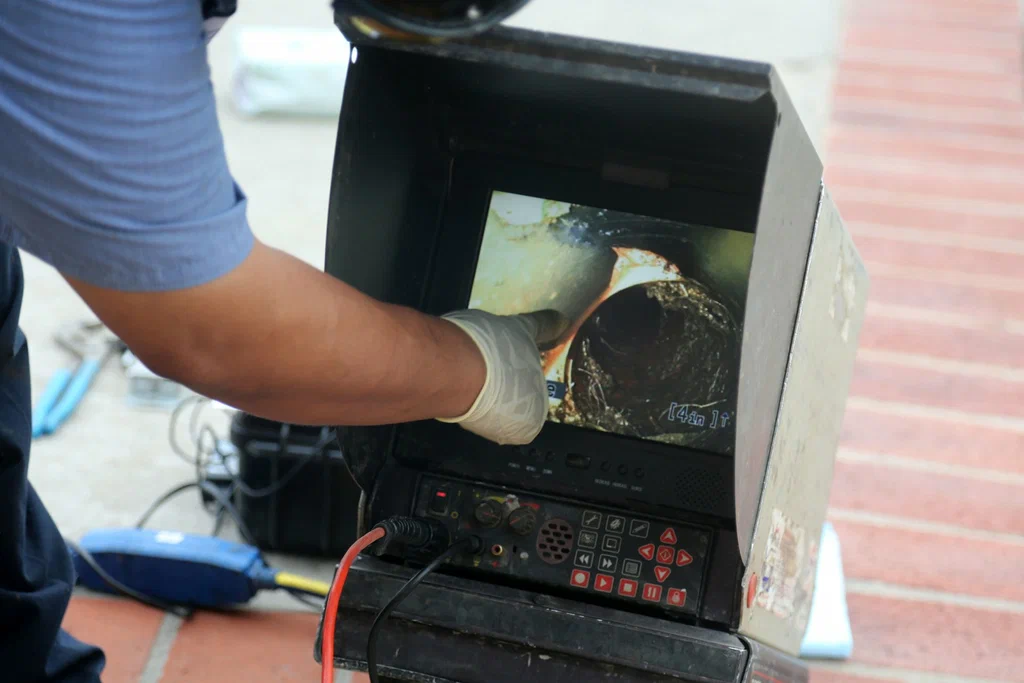 Technician viewing a drain inspection camera in Punta Gorda