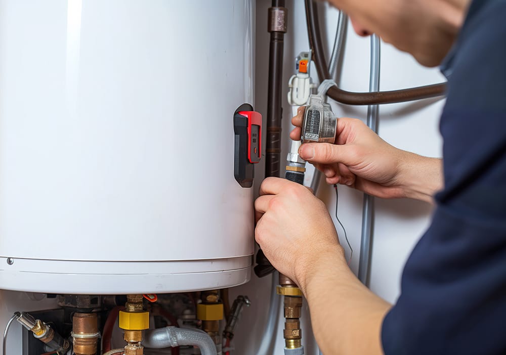 Technician repairing pipes connected to a water heater in Punta Gorda